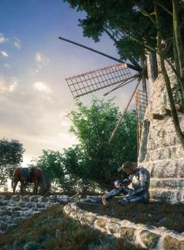 Don Quixote and windmill conception illustration 3d composition Stock Illustration