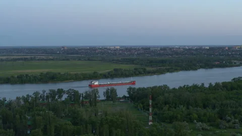 Don river, red barge from above, cityscape, spring nature Stock Footage 132500108