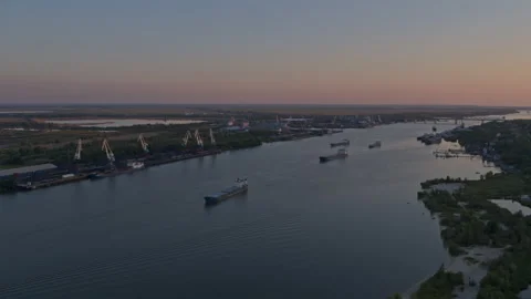 Don river at sunset from above, barges, cargo port and industrial area Video stock 132488973