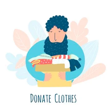 Donate clothes concept with a man carrying a box of clothes Stock Illustration
