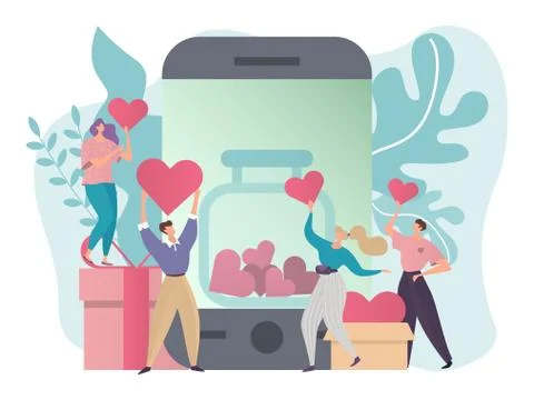 Donate concept vector illustration, flat tiny cartoon people give hearts, make イラスト素材