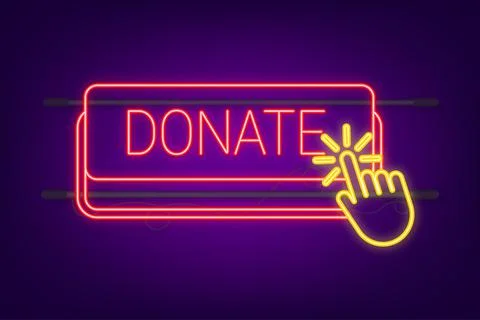 Donate with cursor button neon icon. Internet icon. Pointer click icon. Vector Stock Illustration
