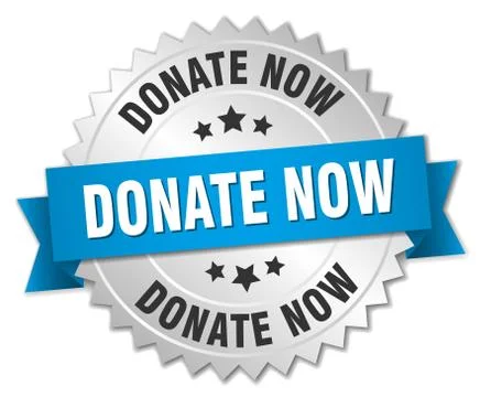 Donate now 3d silver badge with blue ribbon Stock Illustration