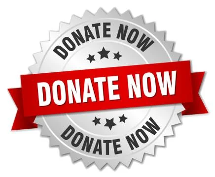 Donate now 3d silver badge with red ribbon Stock Illustration