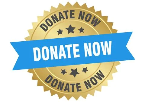 Donate now. donate now round blue and gold label isolated on transparent ba.. Stock Illustration