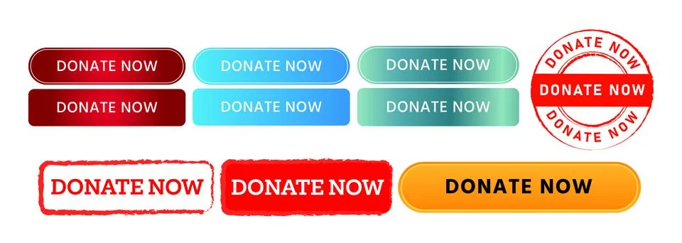 Donate now rectangle circle stamp and button sign for help contribute Stock Illustration