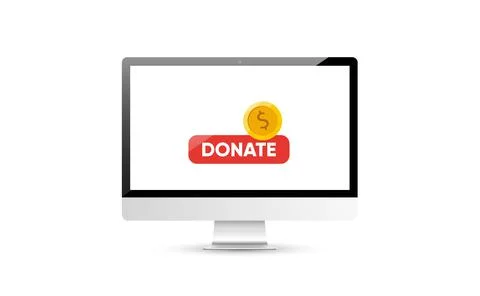 Donate online concept. Computer with gold coin and button on the screen. Stock Illustration