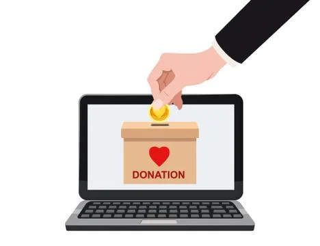Donate online payments. Hand insert money gold coin in to the donation box on a Stock Illustration