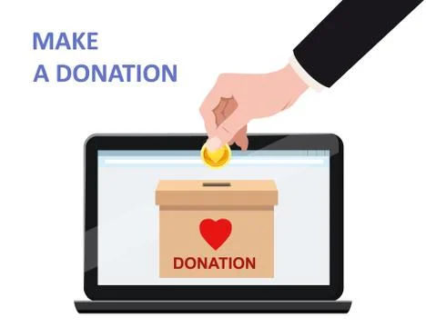 Donate online payments. Hand insert money gold coin in to the donation box on a Stock Illustration