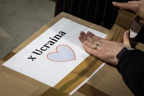 Donated basic goods are loaded for Ukraine in Lugano, Switzerland - 03 Mar 2022 Stock Photos