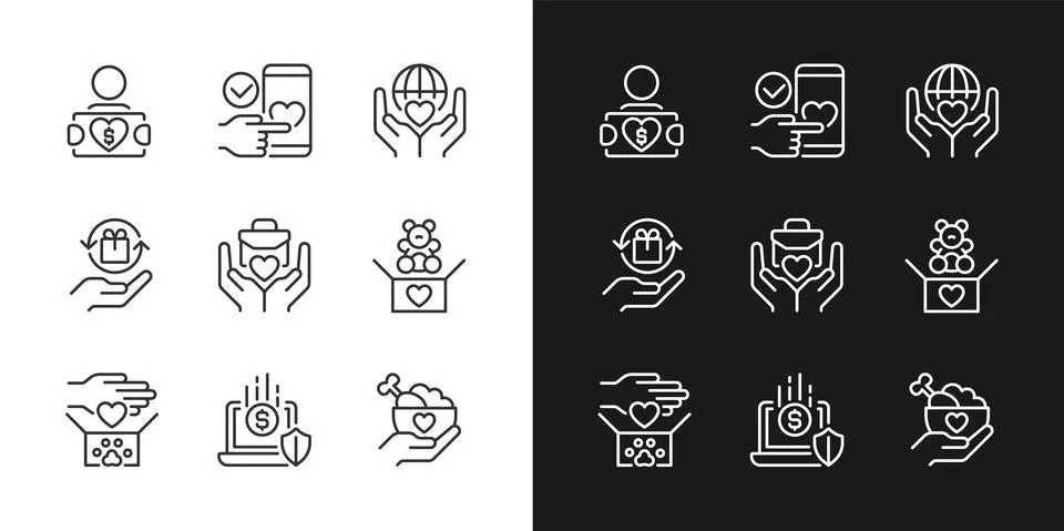 Donating to charities pixel perfect linear icons set for dark, light mode Stock-Illustration