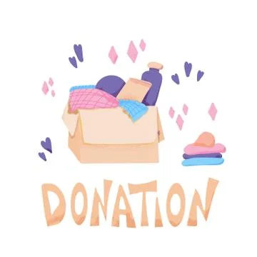 Donation box and text. Donate things with lettering isolated on white backgro Stock Illustration