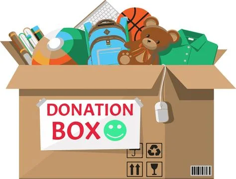 A donation box is filled with various items, including a teddy bear, a backpa Stock Illustration