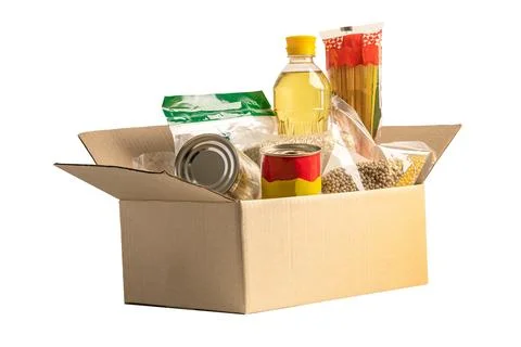 Donation box food support help for poor people in the world isolated on whi.. Stock Photos