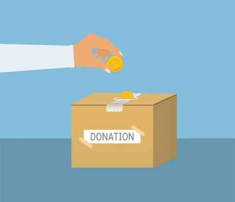 Donation box with gold coin vector. Man giving charity to a donation box. Rai Stock Illustration