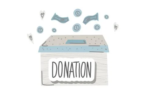 Donation box with sticker text isolated on white background. Donate lettering Stock Illustration