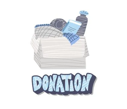Donation box with text. Donate things with lettering isolated on white backgr Stock Illustration