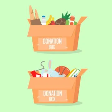 Donation boxes set. Box with different type of donation isolated. Vector Il.. Illustrazione stock