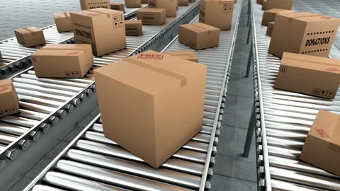 Donation in the cardboard boxes which moving on conveyor belt, seamless loop Stock Footage 129508796