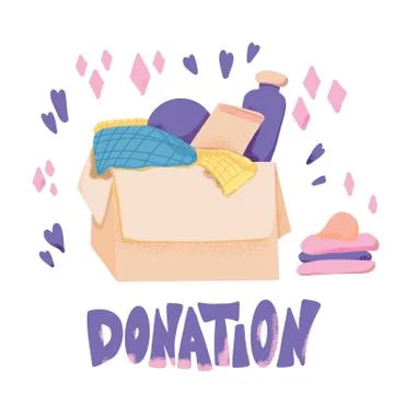 Donation composition. Box with clothes and text. Donate things with lettering Stock Illustration