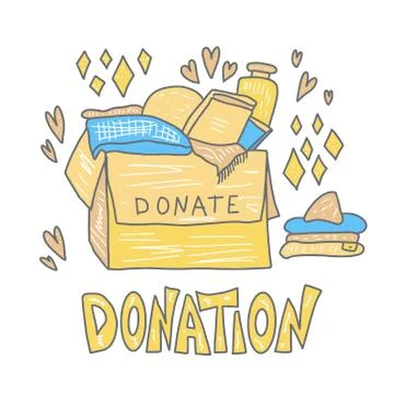 Donation concept. Box with stuff and text. Donate things with lettering isola Stock Illustration