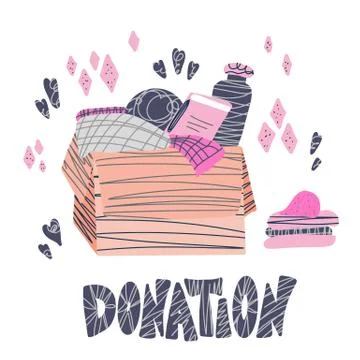 Donation concept. Box with stuff and text. Donate things with lettering isola Stock Illustration