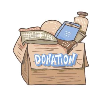 Donation concept. Box with stuff and text. Donate things with lettering isola Stock Illustration