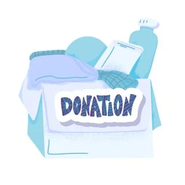Donation concept. Box with stuff and text. Donate things with lettering isola Stock Illustration