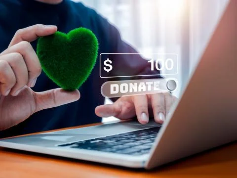 Donation online concept. E-donate, money fill box and donating button on we.. Stock Photos