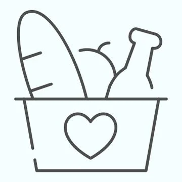 Donation Products thin line icon. Grocery basket with heart vector illustration Stock Illustration