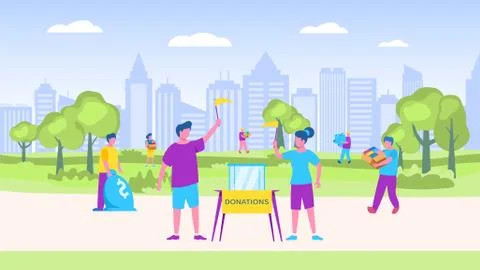Donations collection vector illustration, different people donate things to Stock Illustration