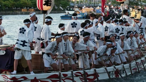 Dondoko Boat Procession with Children Rowing atTenjin Matsuri Festival Stock Footage 337107430