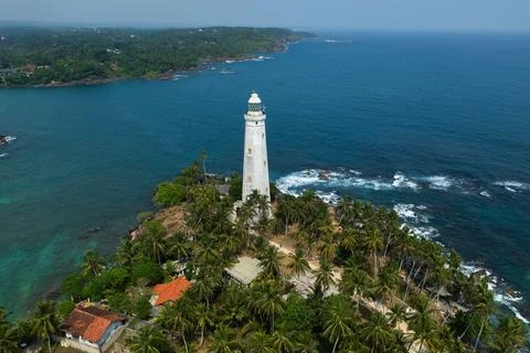 Dondra Head Lighthouse Surrounded by Palm Trees Aerial View Stock Photos