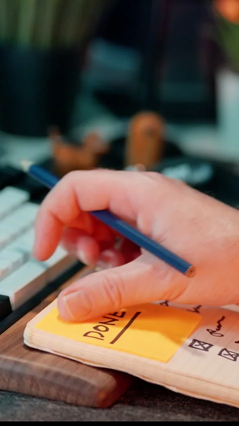 Done sign on sticky note project checklist finalizing task Video stock 309541928