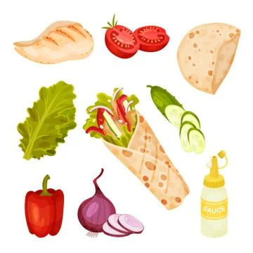Doner Kebab Ingredients Vector Set. Fastfood Menu Collection イラスト素材