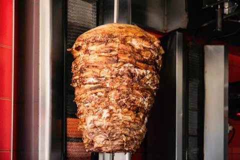 Doner Kebab On Rotating Vertical Spit Stock Photos