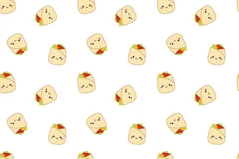 Doner kebab on seamless pattern. Squishmallow. Doner kebab Kawaii Vector Stock Illustration