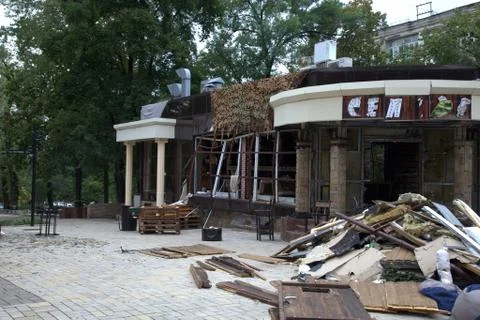 Donetsk, cafe "Separ", DPR, war, the place of death of Alexander Zakharchenko. Stock Photos