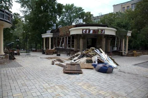 Donetsk, cafe "Separ", DPR, war, the place of death of Alexander Zakharchenko. Stock Photos