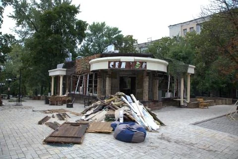 Donetsk, cafe "Separ", DPR, war, the place of death of Alexander Zakharchenko. Stock Photos