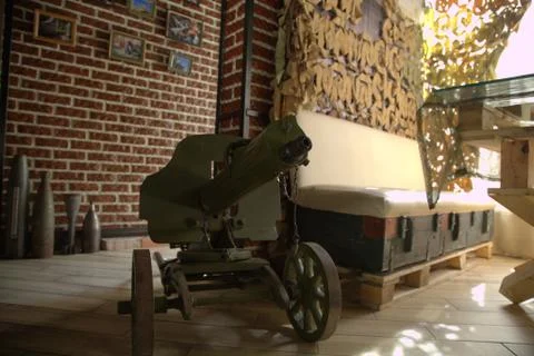 Donetsk, cafe "Separ" inside to the terrorist attack, DPR, machine gun Maxim Stock Photos