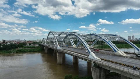 Dong Tru Bridge Crossing the Red River in Hanoi, Vietnam Stock-Footage 344742364