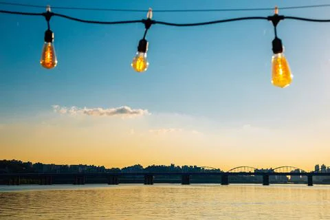 Dongjak Bridge and Han River at sunset in Seoul, Korea Stock Photos