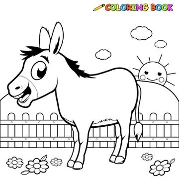Donkey at the farm. Vector black and white coloring page Stock Illustration