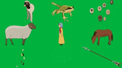 Donkey green background frog jumping herd sheep woman yellow dress walking. Video stock 310563388