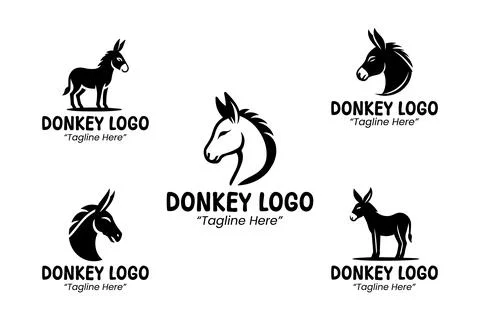 Donkey Logo Set Black and White Modern Minimalist Animal Brand Design Stock Illustration