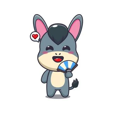 Donkey mascot cartoon character vector illustration with hand fan. Stock Illustration