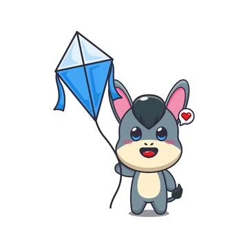 Donkey mascot cartoon character vector illustration playing kite. Stock Illustration