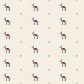 Donkey seamless pattern with red saddle blankets and green leaves on cream Stock Illustration