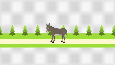 A donkey walking along a rural road in the forest. Animal donkey animation 库存影片 344637784